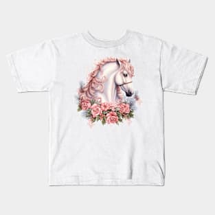 Pink Floral Christmas Horse Kids T-Shirt